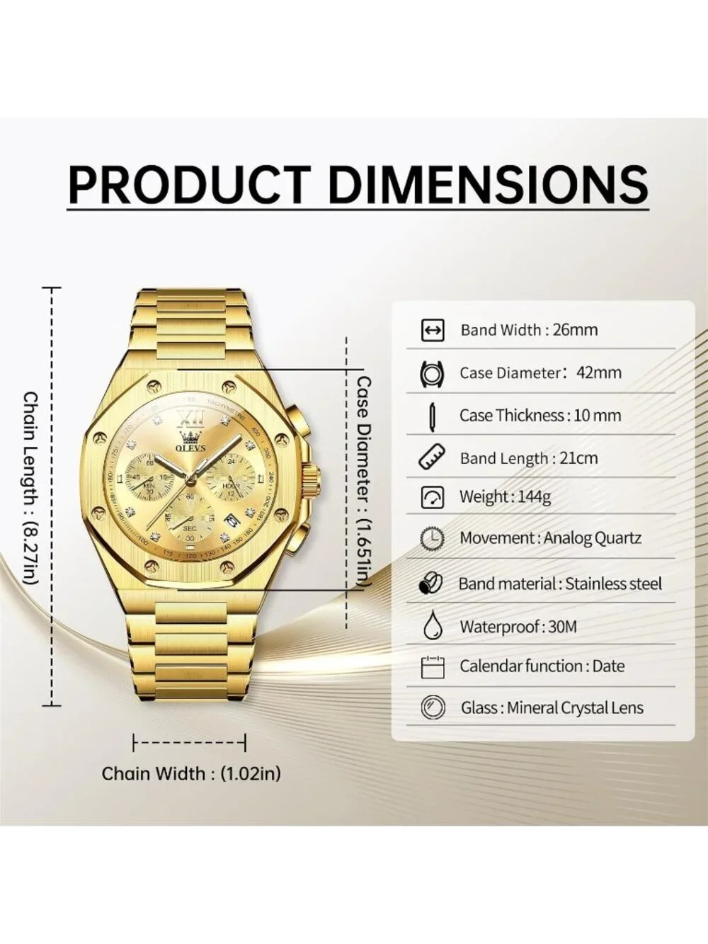 Men's Gold Luxury Stainless Octagon Analog Quartz Chronograph Waterproof Watch